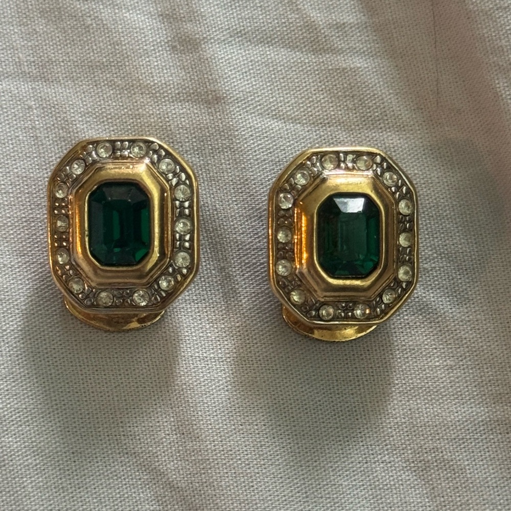 GIO Gold Tone Emerald Green Rhinestone Clip-On Earrings